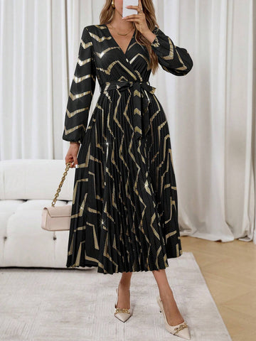 Women's Spring & Summer V-Neck Lantern Sleeve Elegant Overlap Striped Foil Dress