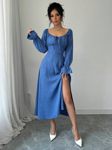 Women's Square Neck Draped Elegant Slit Waisted Long Sleeve Dress