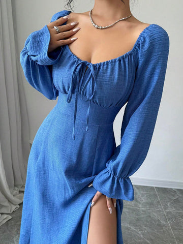 Women's Square Neck Draped Elegant Slit Waisted Long Sleeve Dress