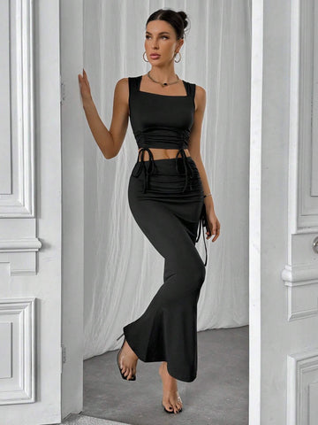 Women's Square Neck Drawstring Hem Camisole Top And Mermaid Hem Skirt Set