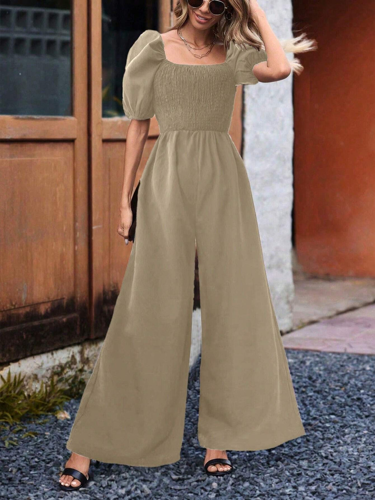 Women's Square Neck Solid Color Romper Jumpsuit, Summer Short Sleeve