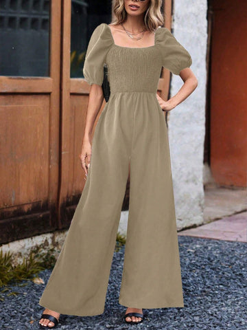 Women's Square Neck Solid Color Romper Jumpsuit, Summer Short Sleeve