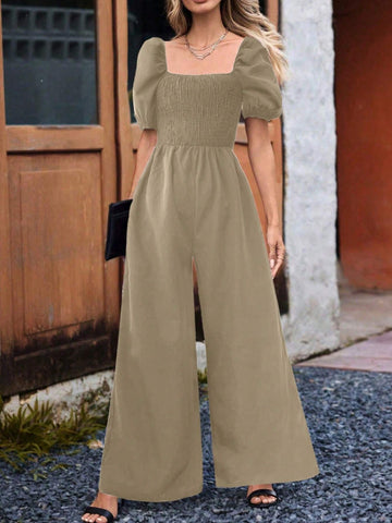 Women's Square Neck Solid Color Romper Jumpsuit, Summer Short Sleeve