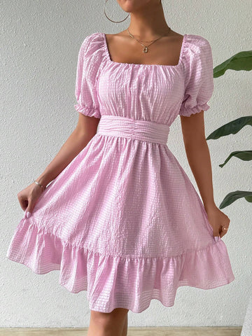 Women's Square Neckline Pleated Waist Gingham Texture Ruffle Hem Dress