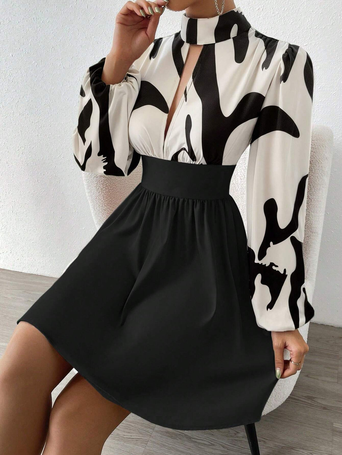 Women's Stand Collar Long Sleeve All-Over Print Patchwork Hollow Short Dress