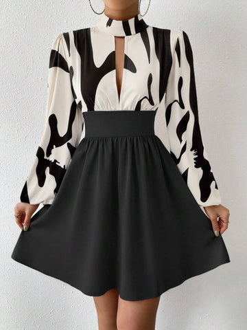 Women's Stand Collar Long Sleeve All-Over Print Patchwork Hollow Short Dress