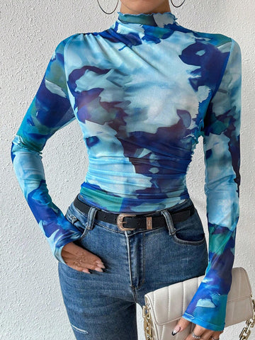 Women's Stand Collar Tie Dye Printed T-Shirt