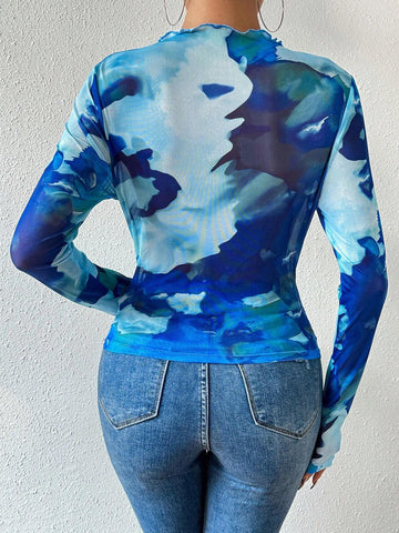 Women's Stand Collar Tie Dye Printed T-Shirt