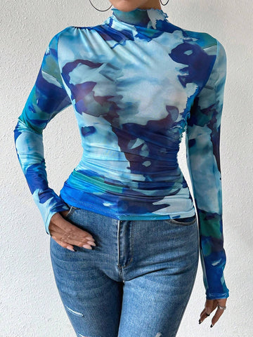 Women's Stand Collar Tie Dye Printed T-Shirt
