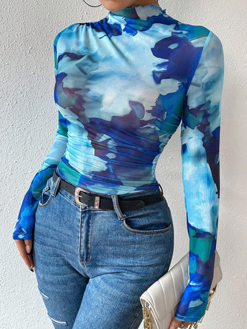Women's Stand Collar Tie Dye Printed T-Shirt
