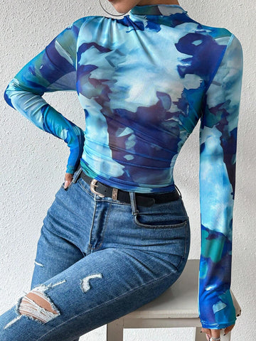 Women's Stand Collar Tie Dye Printed T-Shirt