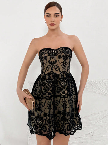 Women's Strapless Mesh Maxi Dress With Plant Print
