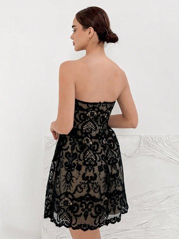 Women's Strapless Mesh Maxi Dress With Plant Print