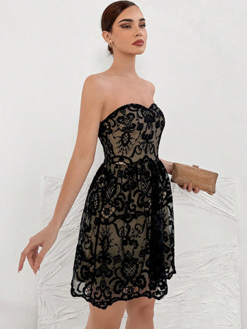 Women's Strapless Mesh Maxi Dress With Plant Print