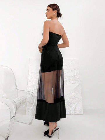 Women's Strapless Mesh Overlay High-Low Dress