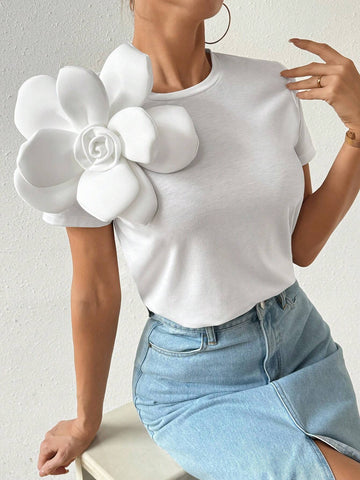 Privé Women's Summer 3D Flora Short Sleeve T-Shirt Cute Funny Tops For Daily Wear, Beach, Romantic