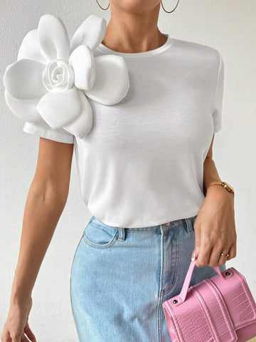 Privé Women's Summer 3D Flora Short SleeBeachve T-Shirt Cute Funny Tops For Daily Wear, , Romantic Dates, Music Festivals And Weddings