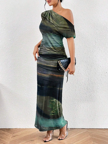 Women's Summer Asymmetrical Neck Side Drawstring Slim Fit Dress
