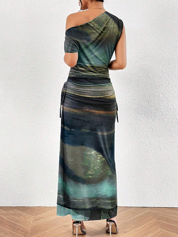 Women's Summer Asymmetrical Neck Side Drawstring Slim Fit Dress