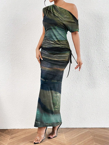 Women's Summer Asymmetrical Neck Side Drawstring Slim Fit Dress
