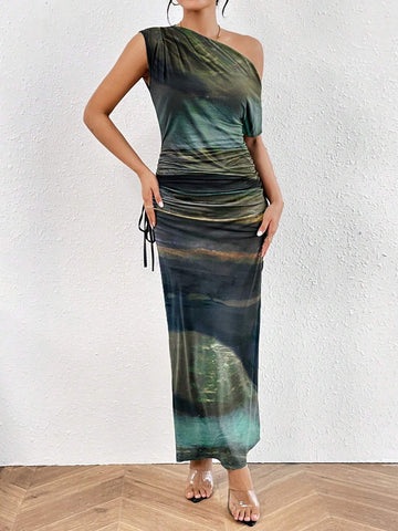 Women's Summer Asymmetrical Neck Side Drawstring Slim Fit Dress