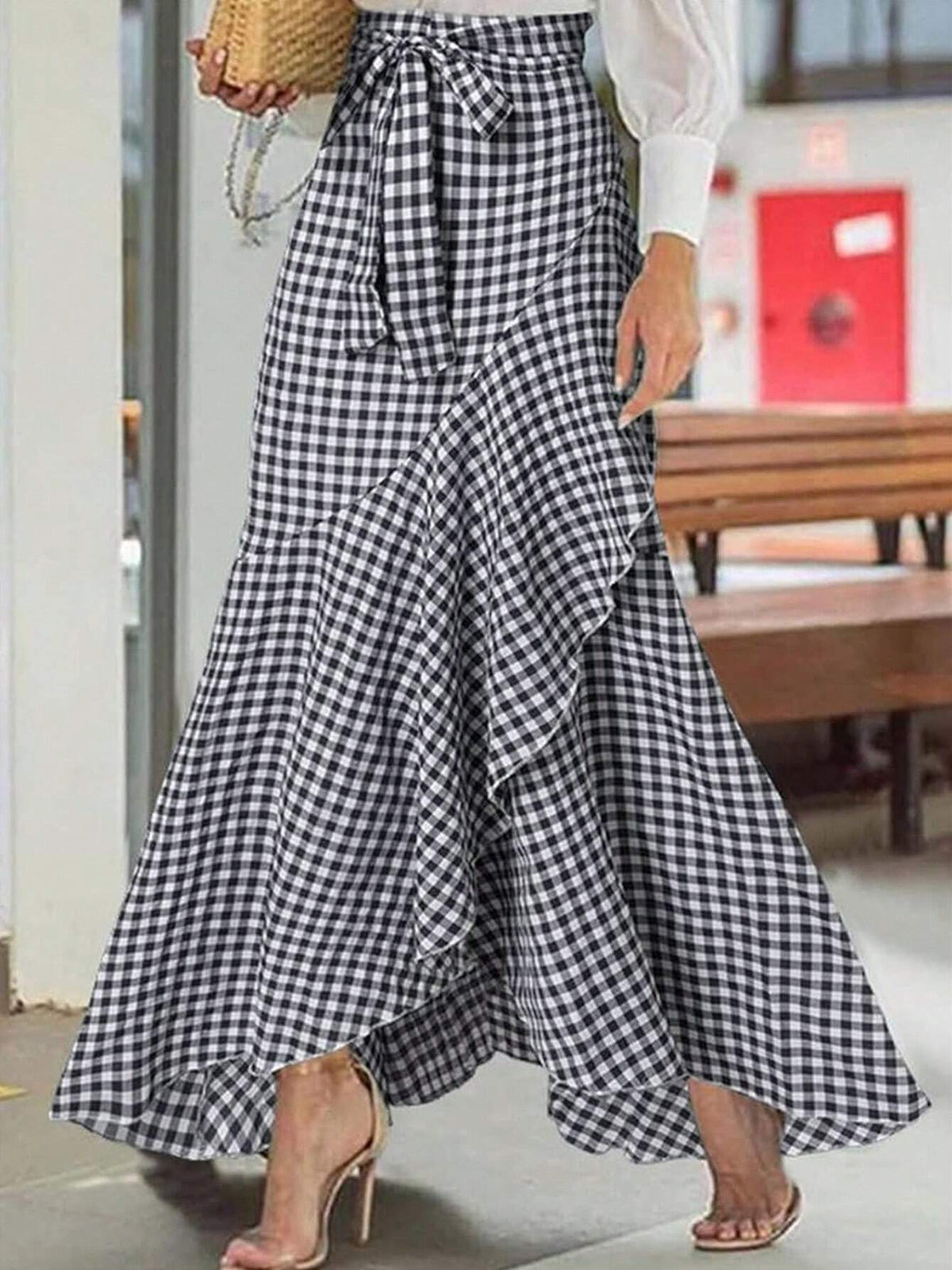 Privé Women's Summer Black And White Gingham Flounce Hem Fish Tail Skirt