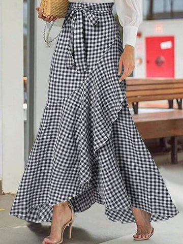 Privé Women's Summer Black And White Gingham Flounce Hem Fish Tail Skirt