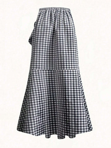 Privé Women's Summer Black And White Gingham Flounce Hem Fish Tail Skirt