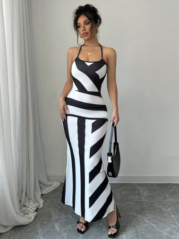 Women's Summer Black & White Striped Backless Tie Neck Fitted Bodycon Dress