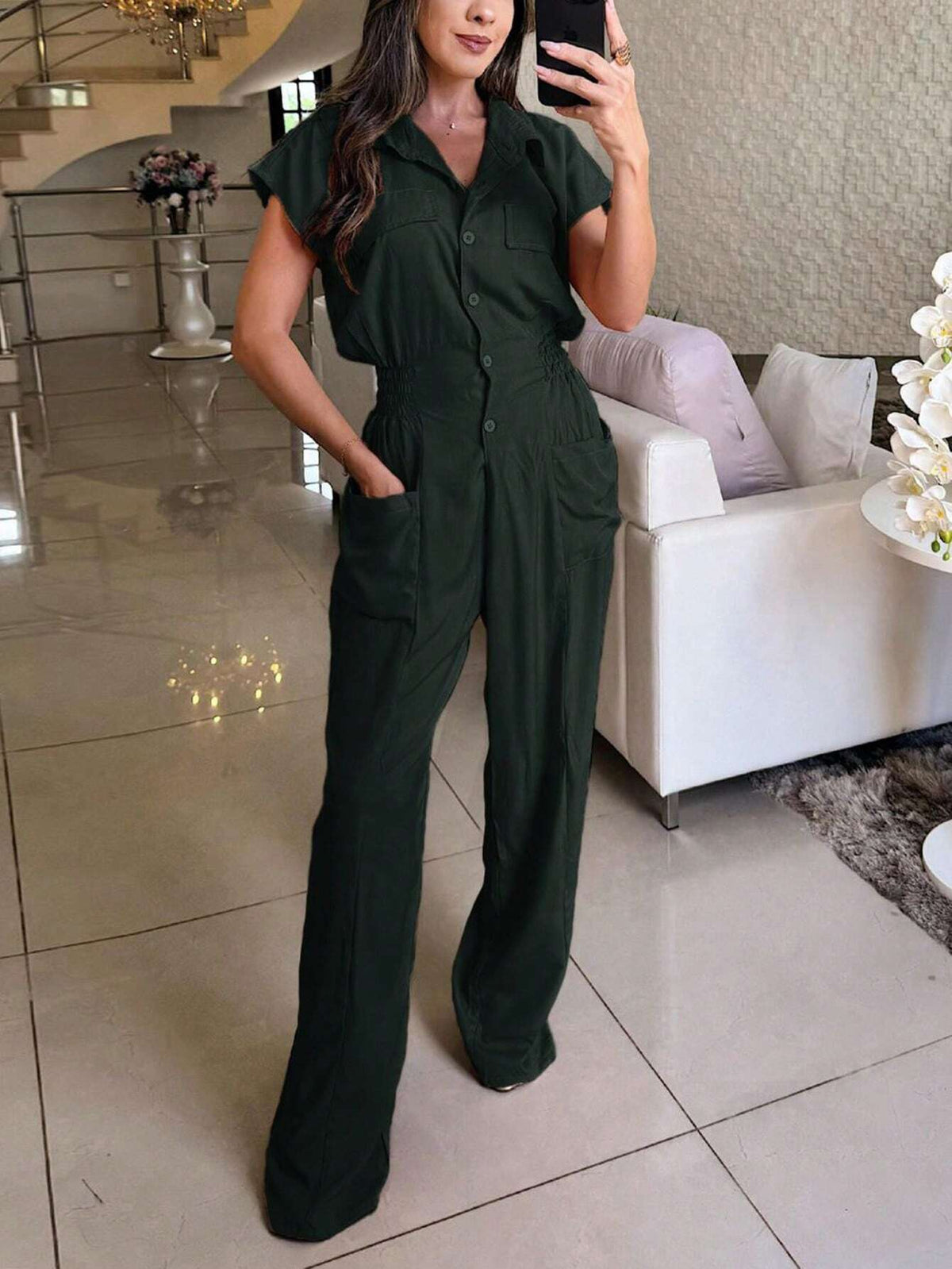 Women's Summer Casual Solid Color Front Button Double Pocket Short Sleeve Jumpsuit