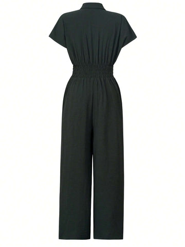 Women's Summer Casual Solid Color Front Button Double Pocket Short Sleeve Jumpsuit