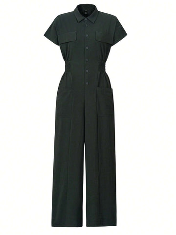 Women's Summer Casual Solid Color Front Button Double Pocket Short Sleeve Jumpsuit