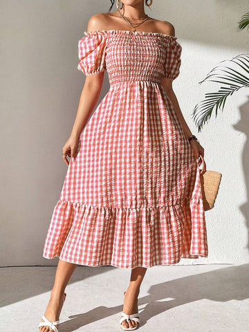 Women's Summer Checkered Print Off-Shoulder Puff Sleeve Dress With Ruffle Hem