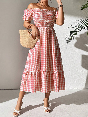 Women's Summer Checkered Print Off-Shoulder Puff Sleeve Dress With Ruffle Hem