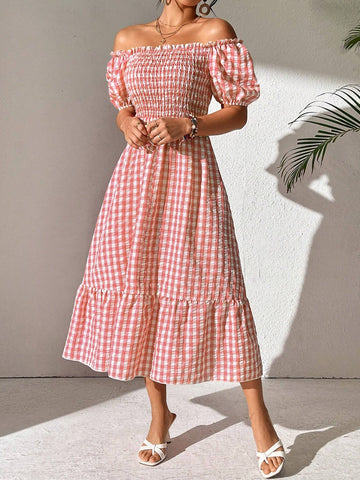 Women's Summer Checkered Print Off-Shoulder Puff Sleeve Dress With Ruffle Hem