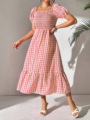 Women's Summer Checkered Print Off-Shoulder Puff Sleeve Dress With Ruffle Hem