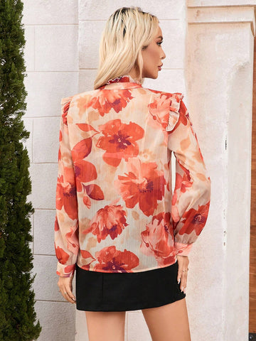 Privé Women's Summer Chiffon Shirt With Large Floral Print, Elegant Stand Collar, Lace Trim And Bow-Tie, Long Sleeve