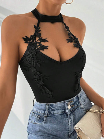 Women's Summer Daily Sexy & Elegant Holiday Dating All-Match Black Lace Spliced V-Neck Halter Bodycon Bodysuit