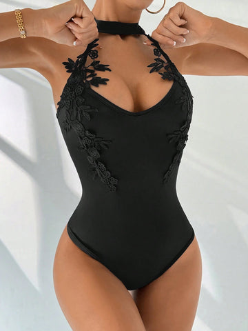 Women's Summer Daily Sexy & Elegant Holiday Dating All-Match Black Lace Spliced V-Neck Halter Bodycon Bodysuit