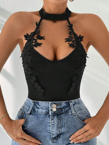 Women's Summer Daily Sexy & Elegant Holiday Dating All-Match Black Lace Spliced V-Neck Halter Bodycon Bodysuit