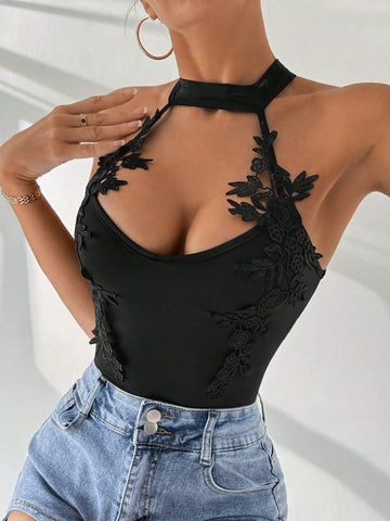 Women's Summer Daily Sexy & Elegant Holiday Dating All-Match Black Lace Spliced V-Neck Halter Bodycon Bodysuit