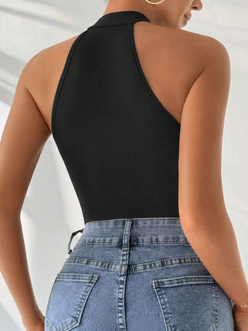 Women's Summer Daily Sexy & Elegant Holiday Dating All-Match Black Lace Spliced V-Neck Halter Bodycon Bodysuit