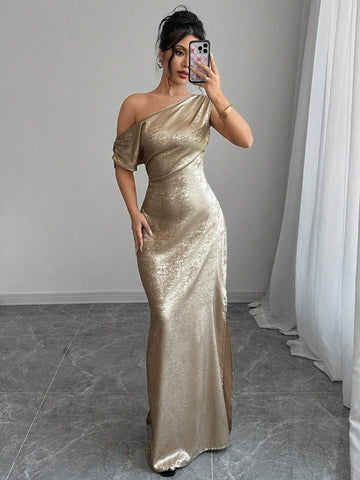Women's Summer Elegant Asymmetric Neck Metallic Dress