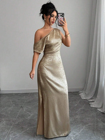 Women's Summer Elegant Asymmetric Neck Metallic Dress