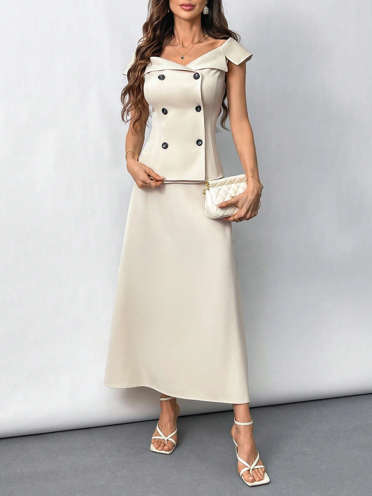 Women's Summer Elegant Office Lady Off Shoulder Suit Collar Waist-High Top And Mid-Length Skirt Set, Perfect For Daily Wear, Romantic Dates And Commuting