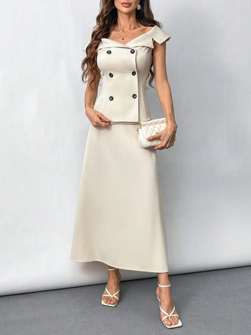 Women's Summer Elegant Office Lady Off Shoulder Suit Collar Waist-High Top And Mid-Length Skirt Set, Perfect For Daily Wear, Romantic Dates And Commuting