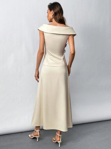 Women's Summer Elegant Office Lady Off Shoulder Suit Collar Waist-High Top And Mid-Length Skirt Set, Perfect For Daily Wear, Romantic Dates And Commuting