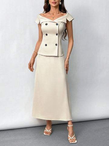 Women's Summer Elegant Office Lady Off Shoulder Suit Collar Waist-High Top And Mid-Length Skirt Set, Perfect For Daily Wear, Romantic Dates And Commuting