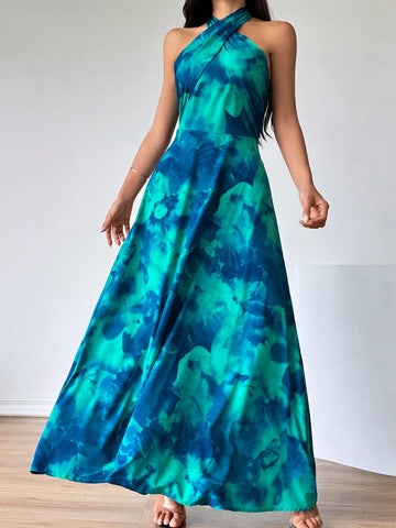 Women's Summer Elegant Romantic Vacation Daily Simple Grad Halter Neck Open Shoulder Multicolored