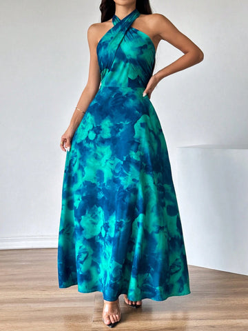 Women's Summer Elegant Romantic Vacation Daily Simple Grad Halter Neck Open Shoulder Multicolored